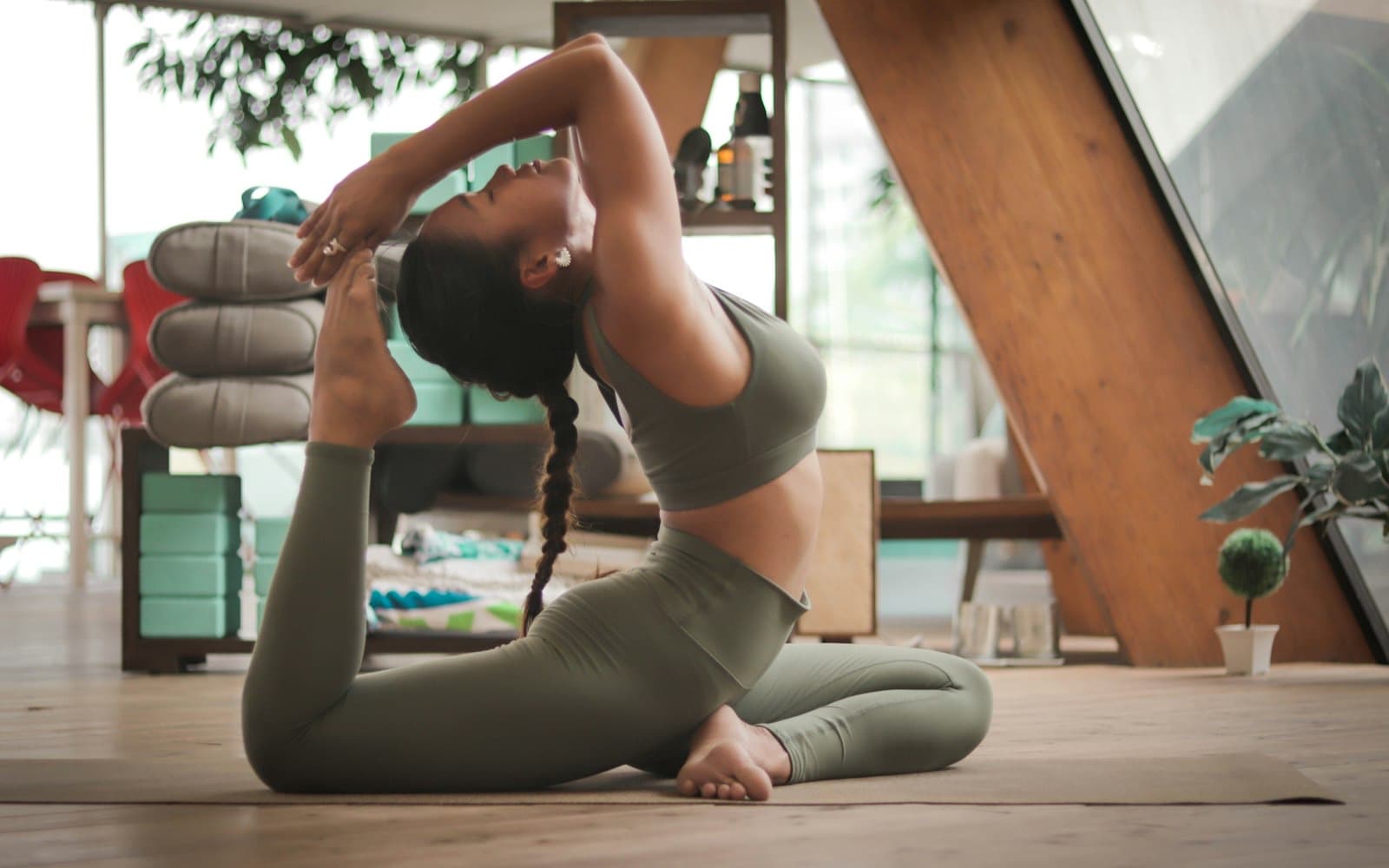 A deep seated stretch opening the hips and side body